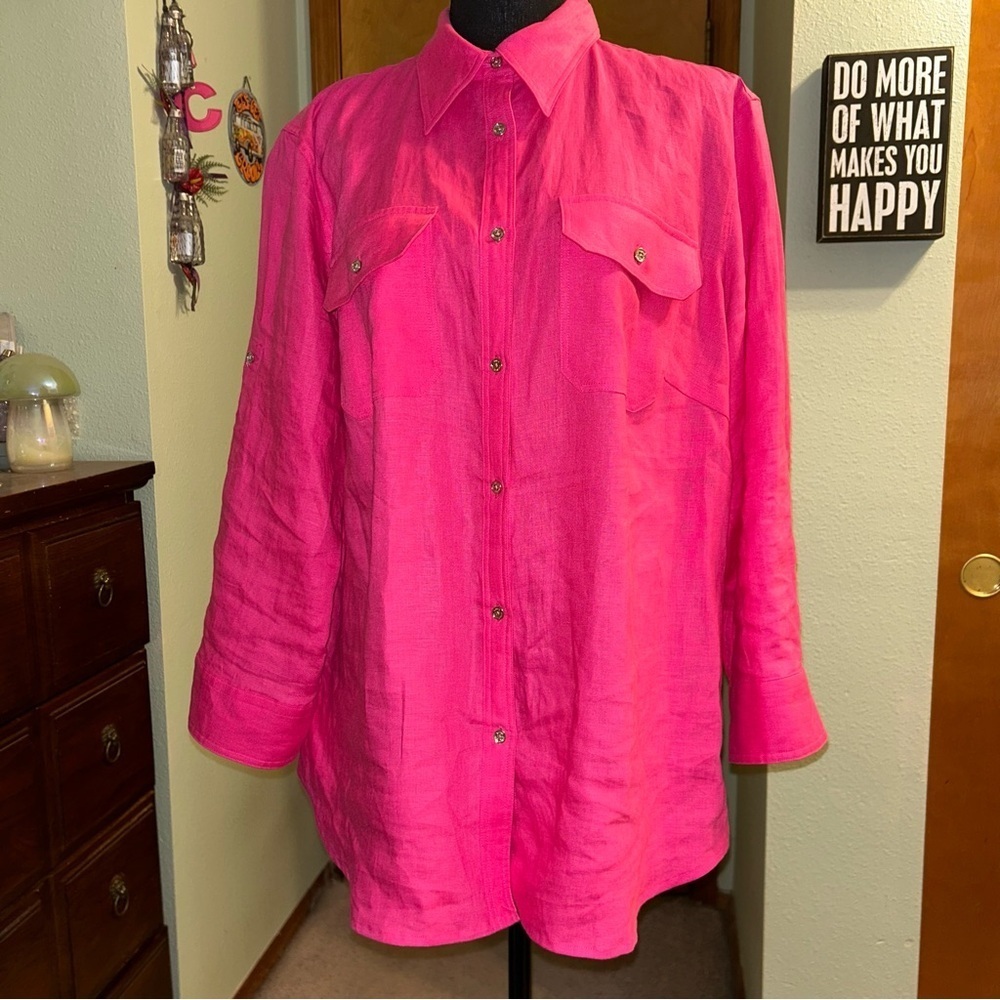 Lauren Ralph Lauren pink linen 3/4 sleeve button up blouse with pockets size 1X
